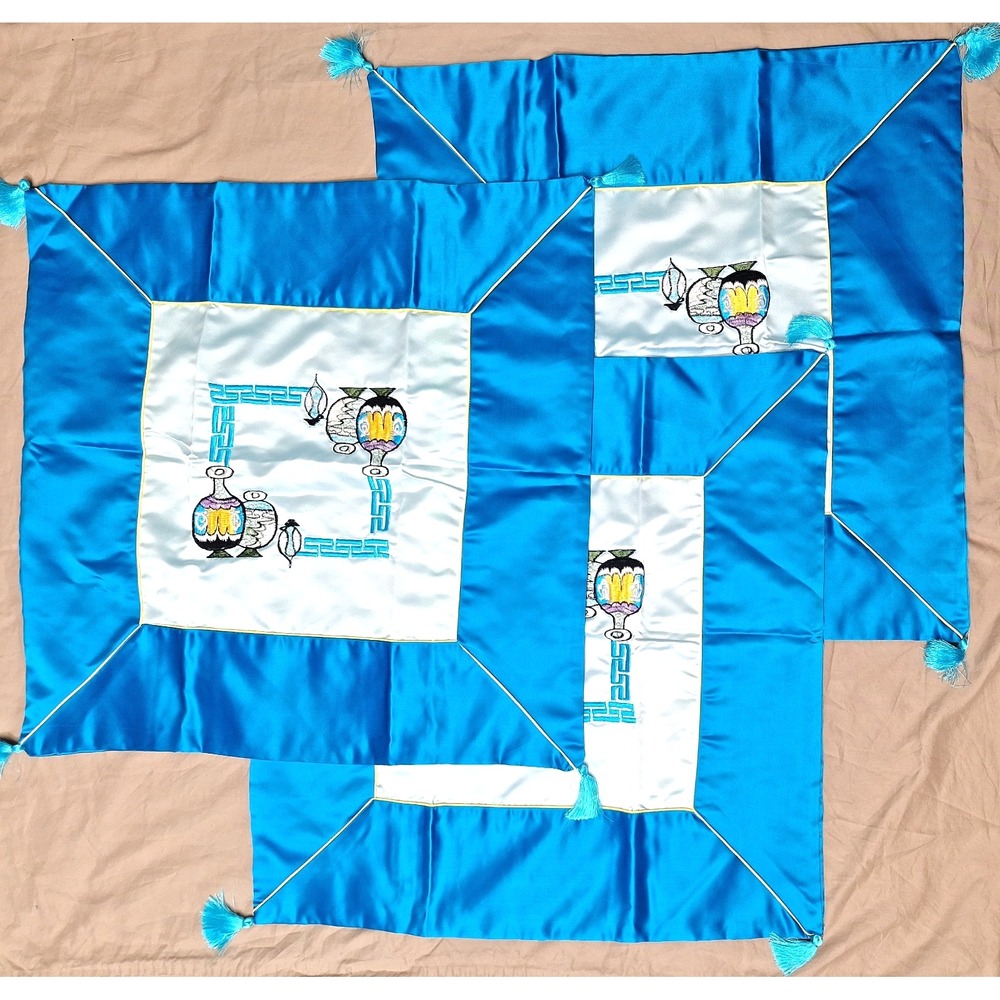 Set 22" Embroidered Teal Blue Satin Pillow Covers Korean Joseon Wedding Lot of 3
